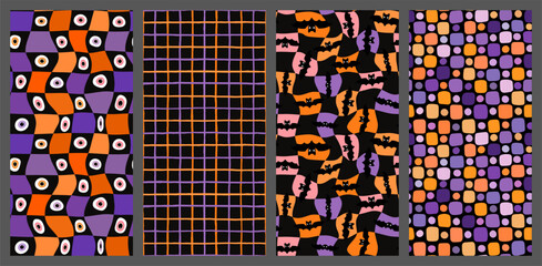 Obraz na płótnie Canvas Halloween vector seamless patterns set in orange, purple and black, Distorted wavy plaid, dots and bats backgrounds Obraz na płótnie Canvas Halloween vector seamless patterns set in orange, purple and black, Distorted wavy plaid, dots and bats backgrounds