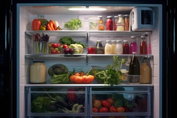 Open refrigerator full of fresh fruits, vegetables, juices and other healthy food, promoting a healthy lifestyle