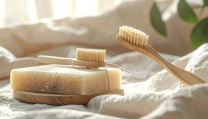 Wooden toothbrush and natural soap placed on linen fabric under soft daylight. A minimal eco-friendly hygiene concept