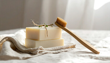 Wooden toothbrush and natural soap placed on linen fabric under soft daylight. A minimal eco-friendly hygiene concept