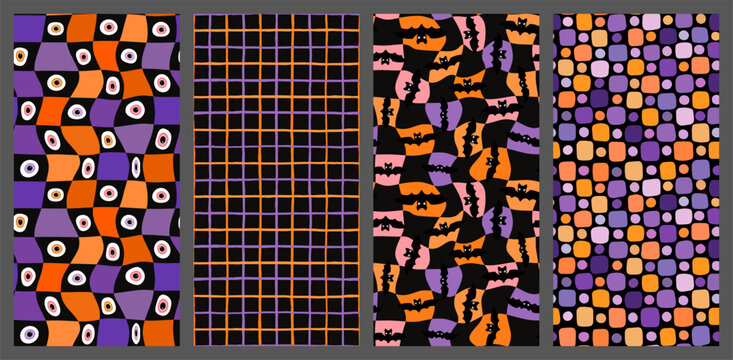 Halloween vector seamless patterns set in orange, purple and black, Distorted wavy plaid, dots and bats backgrounds