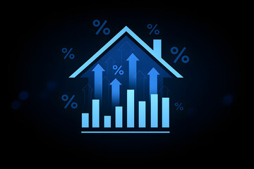 Real estate growth and rising interest rates concept with house, bar chart, and upward arrows on dark background, symbolizing housing market trends and financial investment outlook