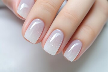 Close up of female hands with beautiful white manicure on a white background