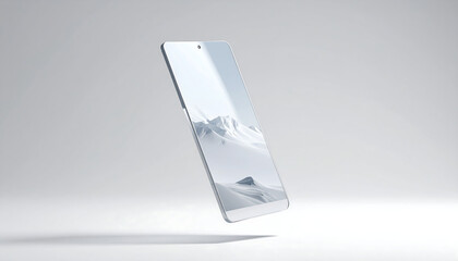 Transparent futuristic smartphone floating in midair over neutral background. Concept of future technology and digital minimalism