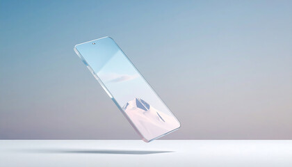 Transparent futuristic smartphone floating in midair over neutral background. Concept of future technology and digital minimalism