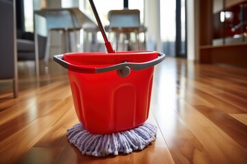Red bucket and mop cleaning hardwood floor in modern home
