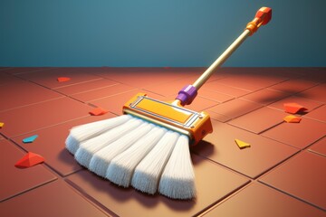 Push broom is being used to sweep dust and debris from a tiled floor, ensuring a clean and tidy space
