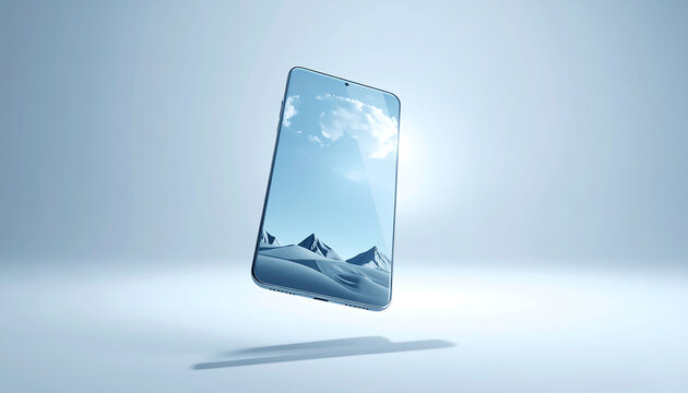Transparent futuristic smartphone floating in midair over neutral background. Concept of future technology and digital minimalism