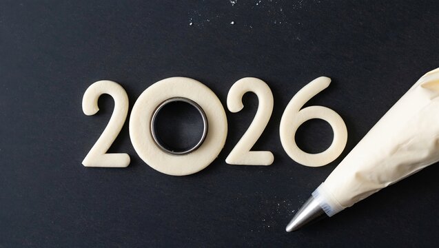 Cookie-style numbers “2026” on a black board with a piping bag, bakery prep scene in a minimalist studio.