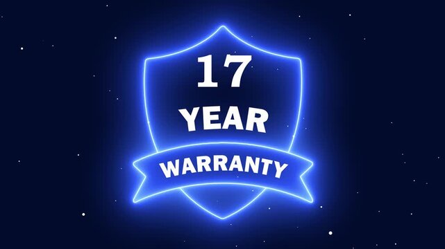17 year warranty badge with neon blue glow on dark blue starry background
