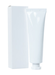 Blank white cosmetic cream tube with white box, isolated on a transparent background
