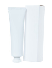 Blank white cosmetic cream tube with white box, isolated on a transparent background
