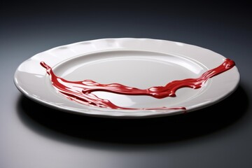 Red paint is splashing on a white elegant plate, creating a vibrant and artistic contrast
