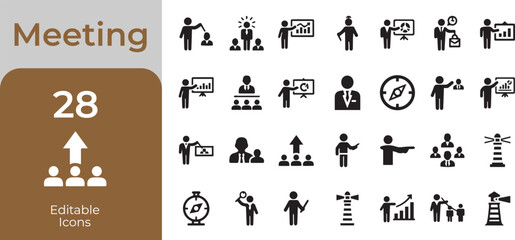 Collection of business meeting icons representing collaboration teamwork and presentation concepts