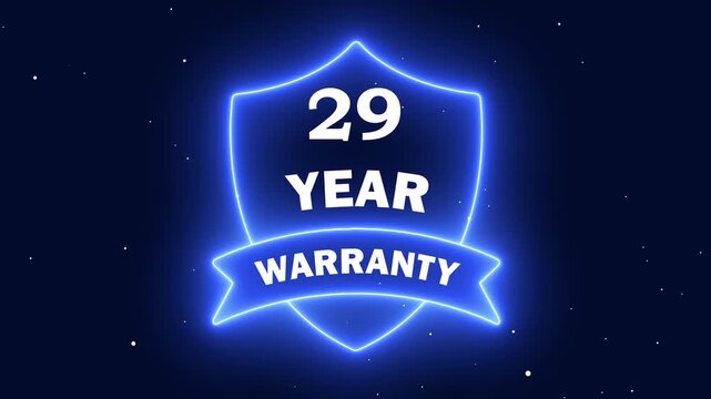 29 year warranty shield badge with neon blue glow on dark starry background