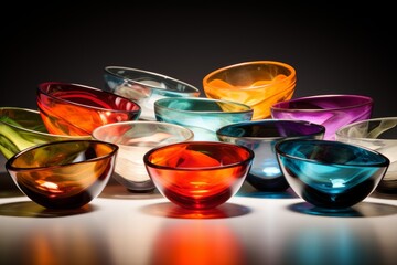 Vibrant empty glass bowls in various colors, reflecting on a white surface against a dark background