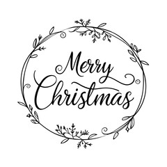 Elegant Merry Christmas text surrounded by decorative floral wreath