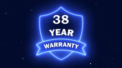 Glowing blue neon shield badge with 38 year warranty text and ribbon banner on dark starry background