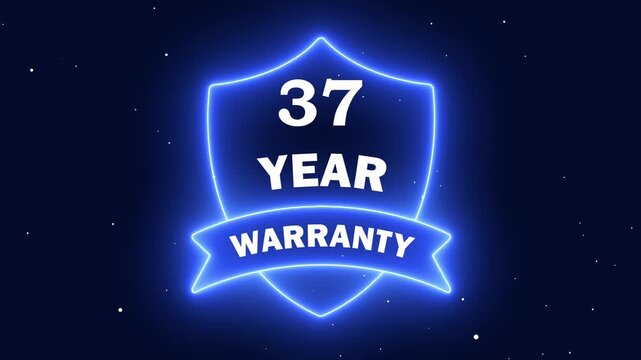 37 year warranty neon shield badge with ribbon on dark blue background