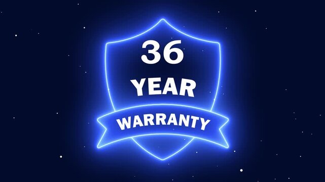 Glowing blue neon shield badge with ribbon announcing 36 year warranty against dark starry background
