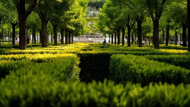 A formal garden with perfectly trimmed hedges and rows of trees, a central pathway leading to a distant fountain.