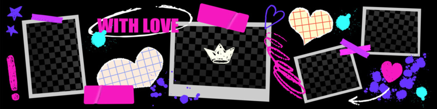 Retro Y2K photo collage with taped frame edges. Scrapbook-inspired paper layout full of photo charm and creative scrapbook tape touch.