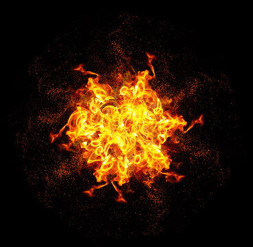 A bright, symmetrical fire explosion with intense yellow and orange flames. Sparks and particles are visible around the fireball