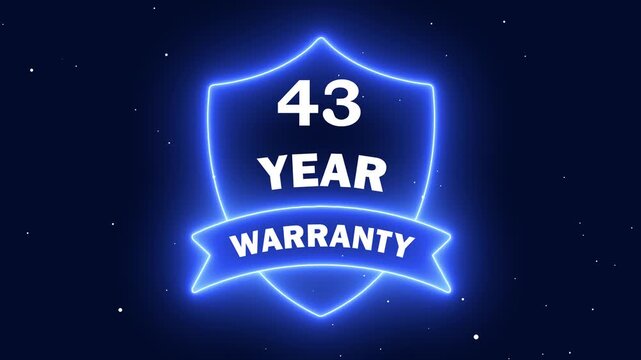 futuristic digital warranty label animation. glowing forty three year guarantee sign. blue neon 43 year warranty shield badge.