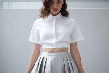 Fashion model wearing white short sleeve shirt and silver skirt posing in studio