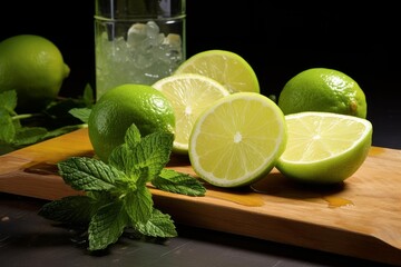 Fresh limes and mint leaves sit on a wooden cutting board, hinting at a refreshing cocktail creation
