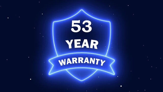 blue neon 53 year warranty shield badge. digital marketing badge for extended warranty. long term product security symbol.