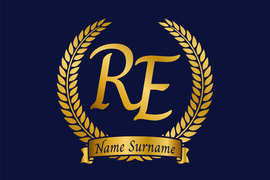 Initial letter R and E, RE monogram logo design with laurel wreath. Luxury golden calligraphy font.