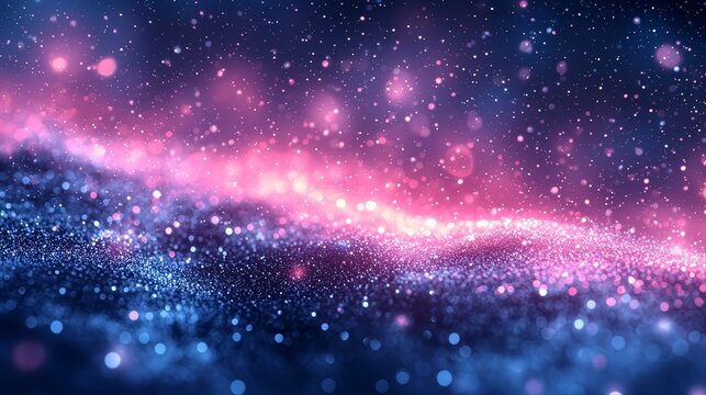 Abstract cosmic background featuring vibrant pink and blue bokeh lights, shimmering particles, and a dreamy atmosphere, creating a sense of wonder and infinite possibilities