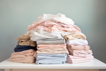 Piles of folded pastel and neutral colored clothing are stacked high on a white table