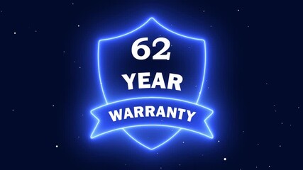 futuristic digital warranty label animation. glowing sixty two year guarantee sign. blue neon 62 year warranty shield badge.