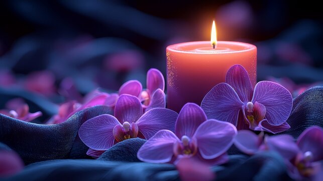 Pink candle glowing softly amidst vibrant purple orchids on dark fabric, creating a serene and tranquil atmosphere, perfect for relaxation and meditation concepts