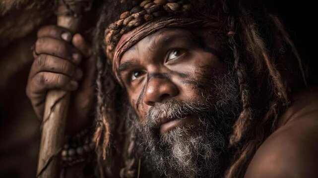 Close-up of a rugged man with dreadlocks, a braided headband, face paint, and a wooden staff in a dark, earthy setting.