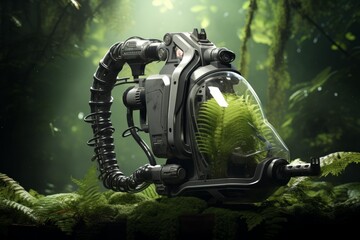 Futuristic breathing apparatus with a fern growing inside, suggesting oxygen production and survival in a jungle environment