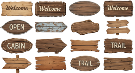 Set of wooden signboards isolated on transparent background