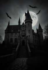 A spooky vampire castle looms in the darkness, lit by a full moon overhead. Bats flit around, enhancing the eerie atmosphere of Halloween night Generative AI