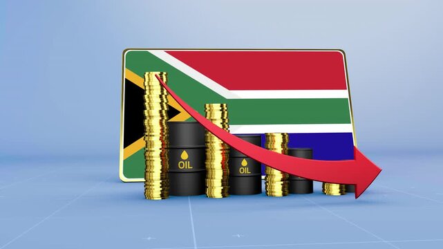 South Africa Flag Economy Declining with Falling Oil Prices and Downward Trending Arrow