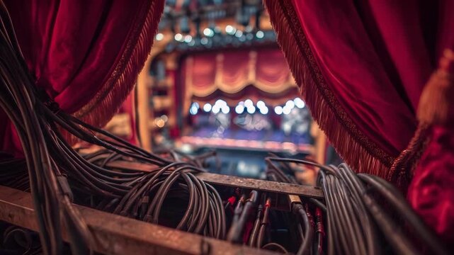 Backstage view of a theater: tangled cables and rigging in the foreground with red velvet curtains framing a lit stage in the distance.