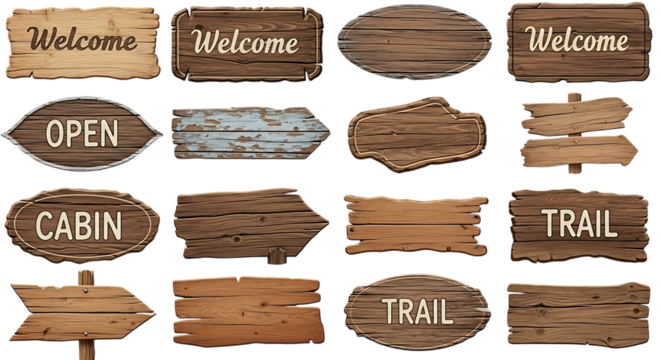 Set of wooden signboards isolated on transparent background