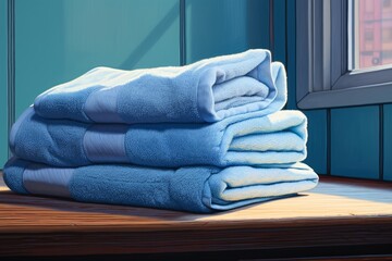 Soft blue towels folded and stacked on a wooden table, illuminated by sunlight streaming through a nearby window, creating a cozy and relaxing atmosphere