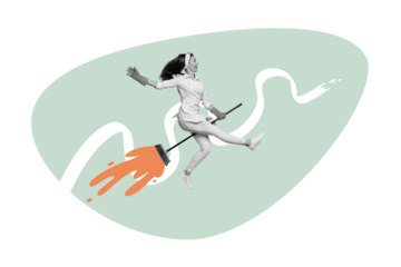 Creative collage picture young woman houseworker flight broom rocket launch upwards fantasy imagination drawing background