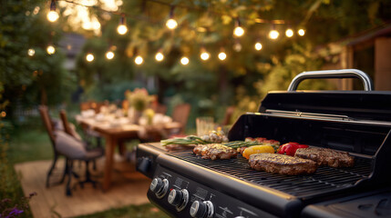 Evening barbecue gathering with grilled meat and outdoor dining setup