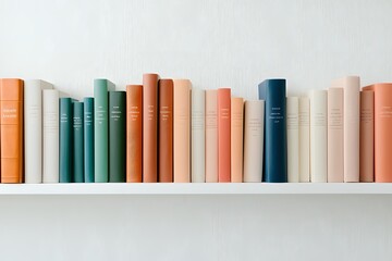 Row of hardcover books in pastel colors arranged on white shelf against light wall, creating minimalist aesthetic composition for home library or bookstore.