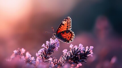 Monarch butterfly perched on lavender flowers in soft pink morning light, wings spread against blurred dreamy background, creating magical garden atmosphere.