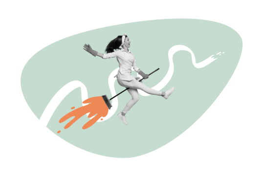 Creative collage picture young woman houseworker flight broom rocket launch upwards fantasy imagination drawing background