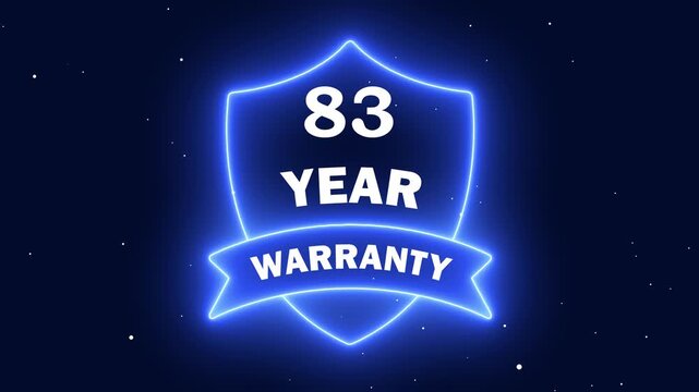 Animated Guarantee Shield with Text. Neon line 83 Years Warranty Shield Emblem. Assurance Business Guarantee Security Protection Concept. 83 years warranty label badge design animation.